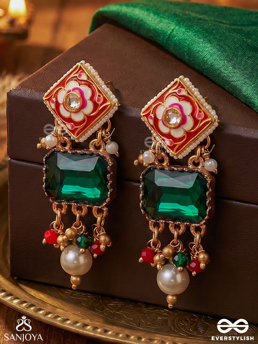 Mehrisha – Grace In Bloom – Ornate Earrings With Green Gem Center, Handpainted Floral Motif And Soft Dangling Bead Details