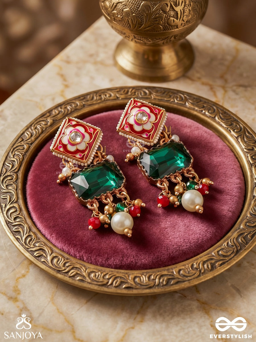 Mehrisha – Grace In Bloom – Ornate Earrings With Green Gem Center, Handpainted Floral Motif And Soft Dangling Bead Details