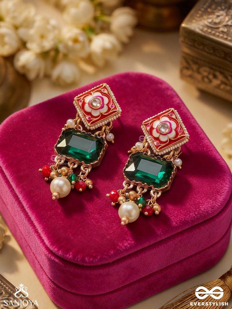 Mehrisha – Grace In Bloom – Ornate Earrings With Green Gem Center, Handpainted Floral Motif And Soft Dangling Bead Details