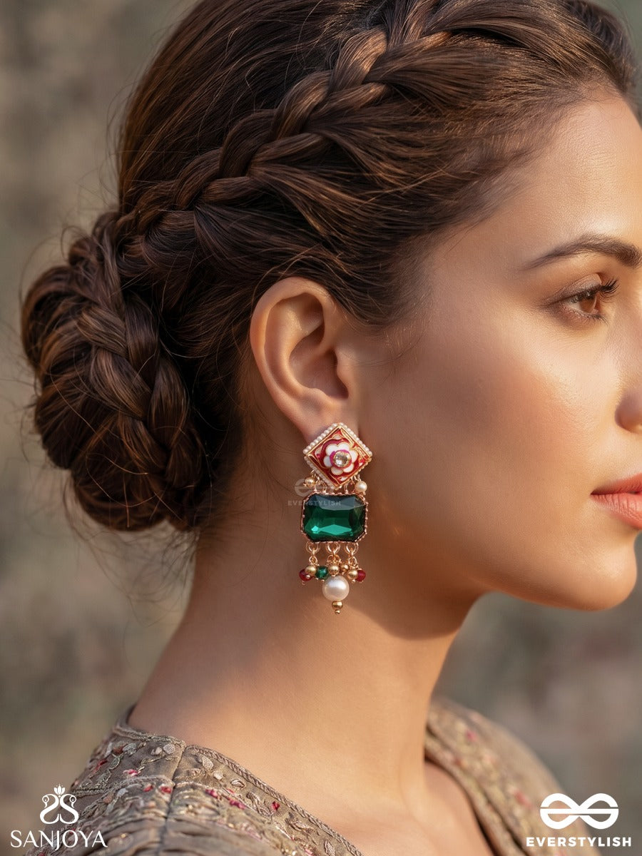 Mehrisha – Grace In Bloom – Ornate Earrings With Green Gem Center, Handpainted Floral Motif And Soft Dangling Bead Details