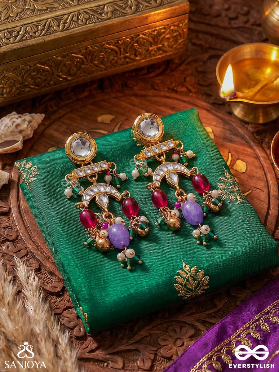 Rangchhavi – Coloured Allure – Festive Earrings With Round Mirror-Like Tops, Ornamental Arch Details And Multi-Colour Dangling Drop Accents