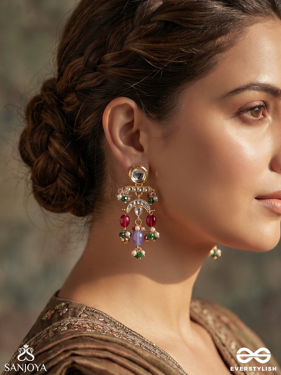Rangchhavi – Coloured Allure – Festive Earrings With Round Mirror-Like Tops, Ornamental Arch Details And Multi-Colour Dangling Drop Accents