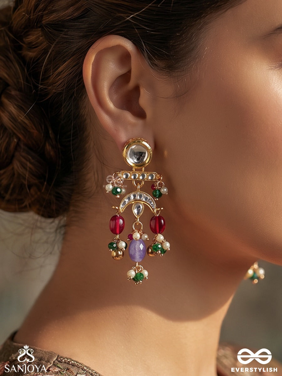 Rangchhavi – Coloured Allure – Festive Earrings With Round Mirror-Like Tops, Ornamental Arch Details And Multi-Colour Dangling Drop Accents