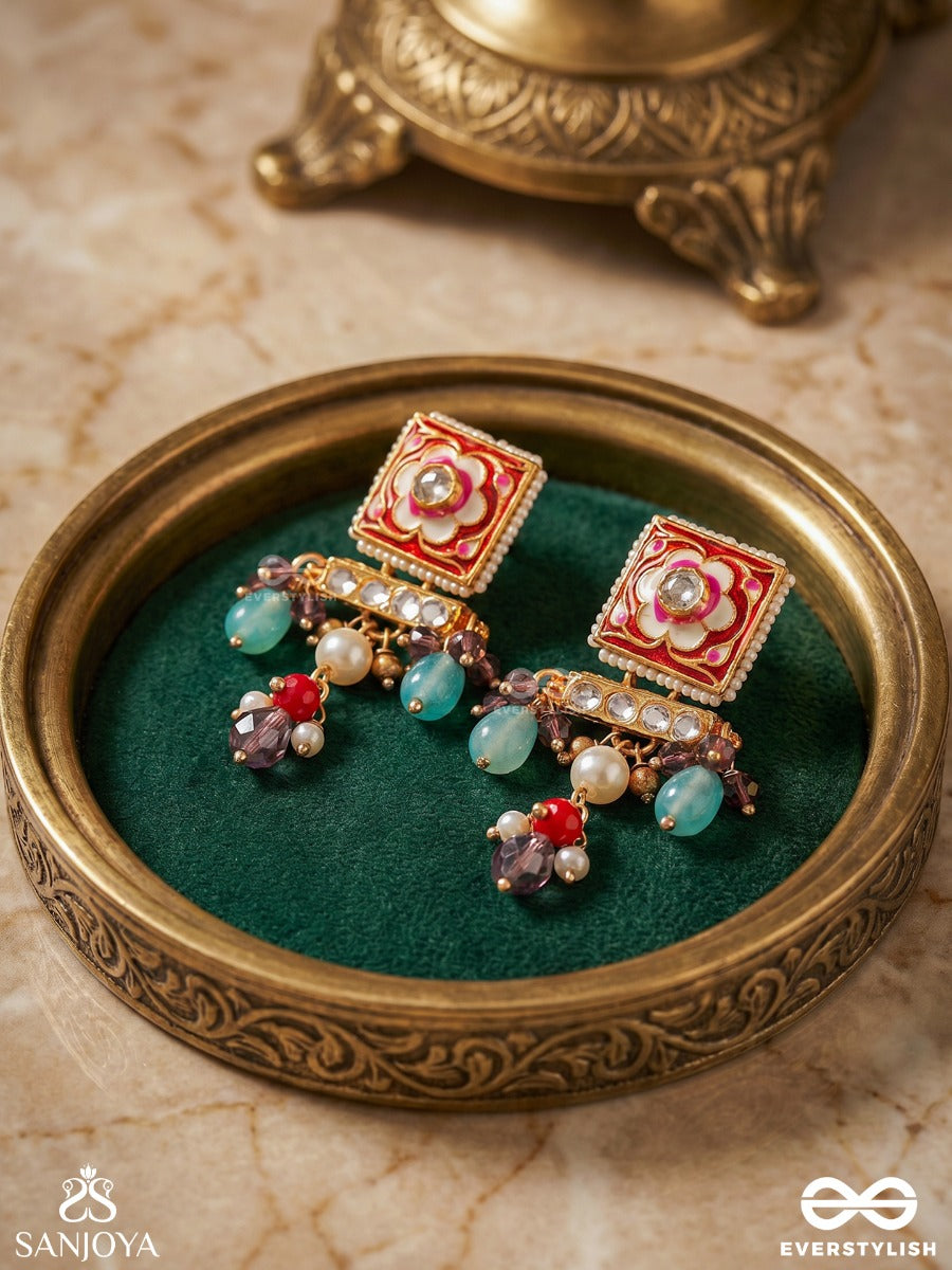 Varnisha – Coloured Elegance – Festive Earrings With Floral Square Top, Gold-Tone Detailing And Multi-Colour Dangling Bead Accents