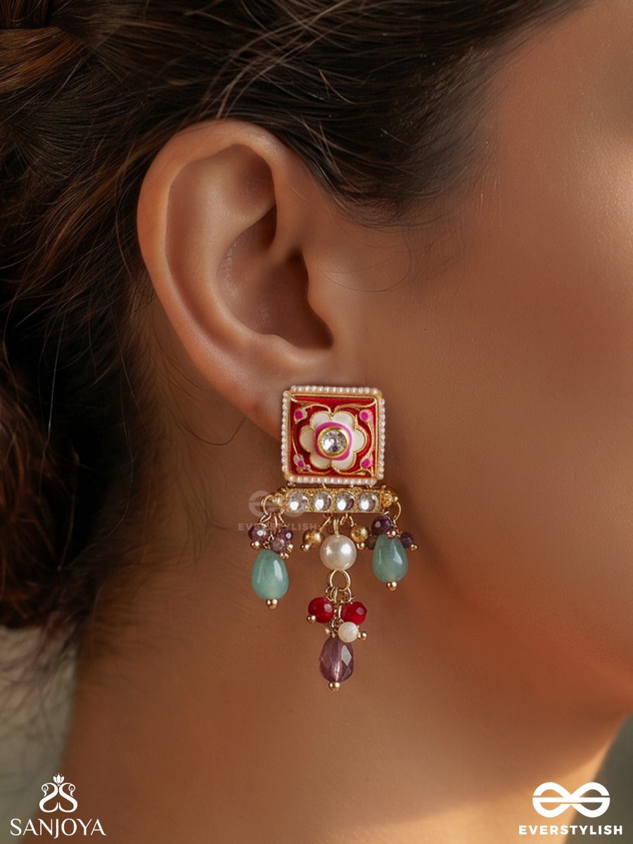 Varnisha – Coloured Elegance – Festive Earrings With Floral Square Top, Gold-Tone Detailing And Multi-Colour Dangling Bead Accents