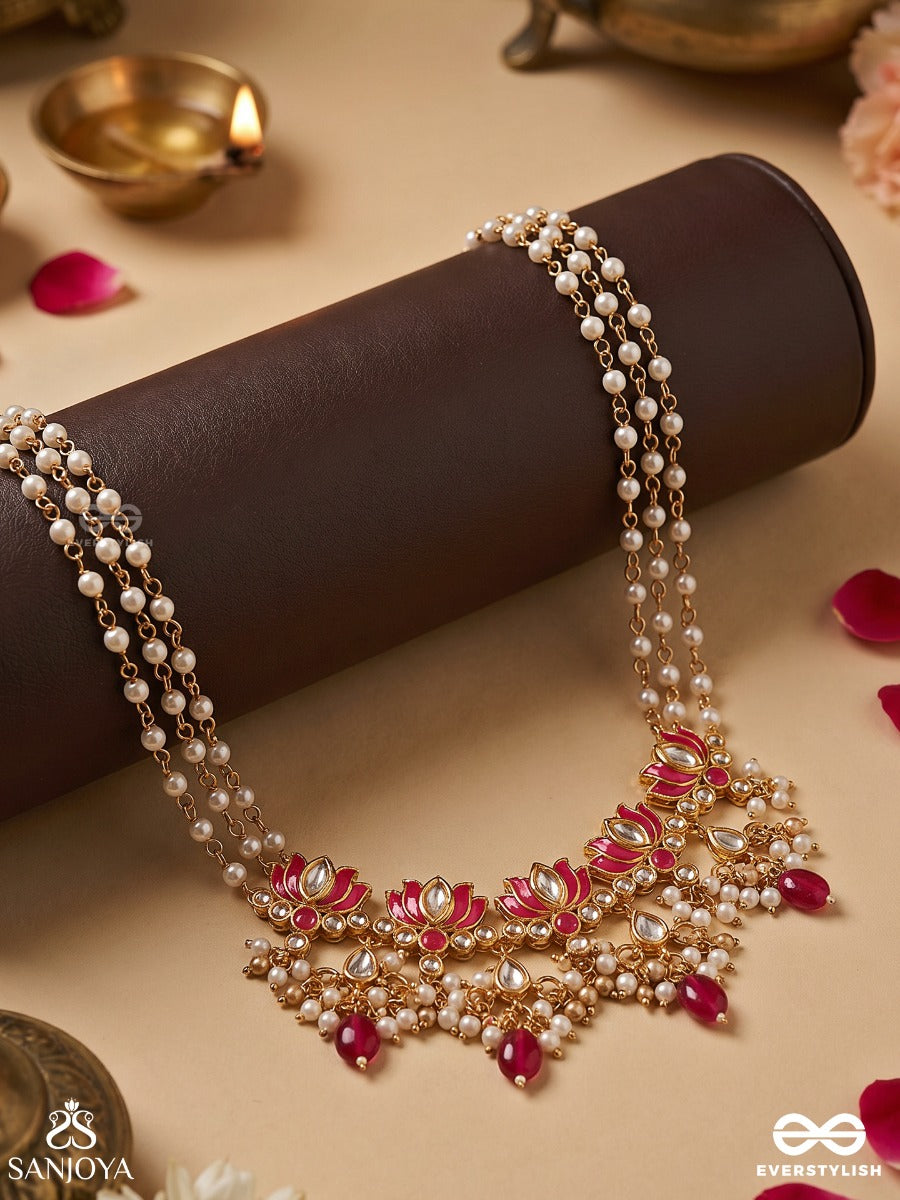 Kusumaira – Blossoming Charm – Elegant Necklace With Pearl-Lined Strands, Floral Centerpiece And Vibrant Pink Bead Accents