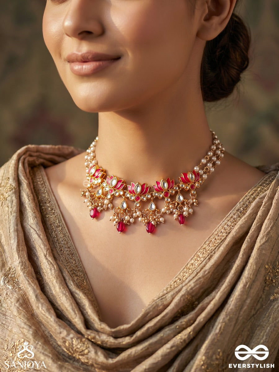 Kusumaira – Blossoming Charm – Elegant Necklace With Pearl-Lined Strands, Floral Centerpiece And Vibrant Pink Bead Accents