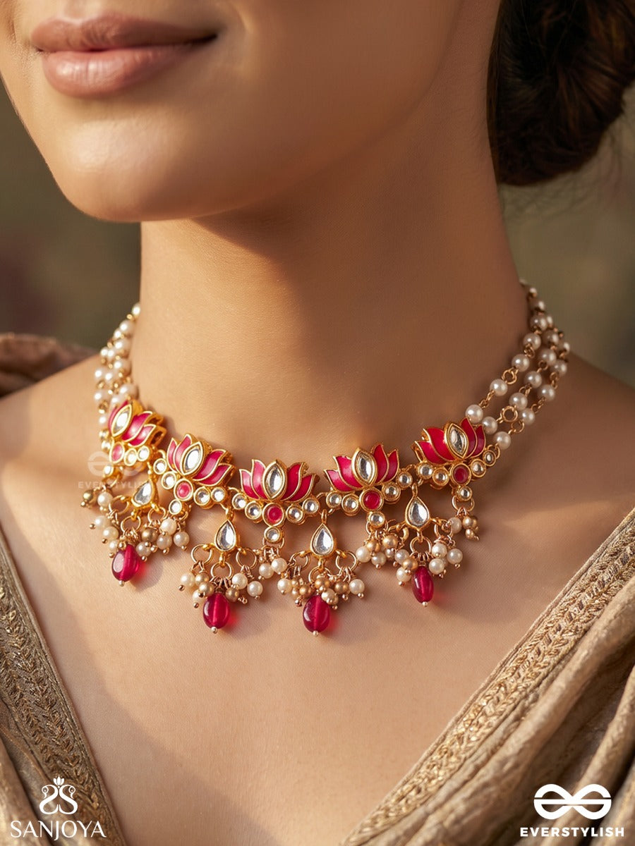 Kusumaira – Blossoming Charm – Elegant Necklace With Pearl-Lined Strands, Floral Centerpiece And Vibrant Pink Bead Accents