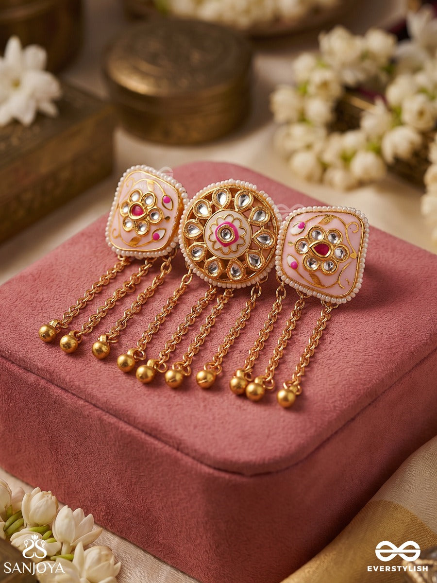 Phulmani – Jewelled Flower – Ornate Ring With Round Floral Center Detail, Decorative Side Panels And Dangling Gold Chain Accents