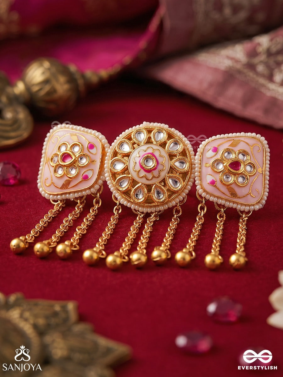 Phulmani – Jewelled Flower – Ornate Ring With Round Floral Center Detail, Decorative Side Panels And Dangling Gold Chain Accents