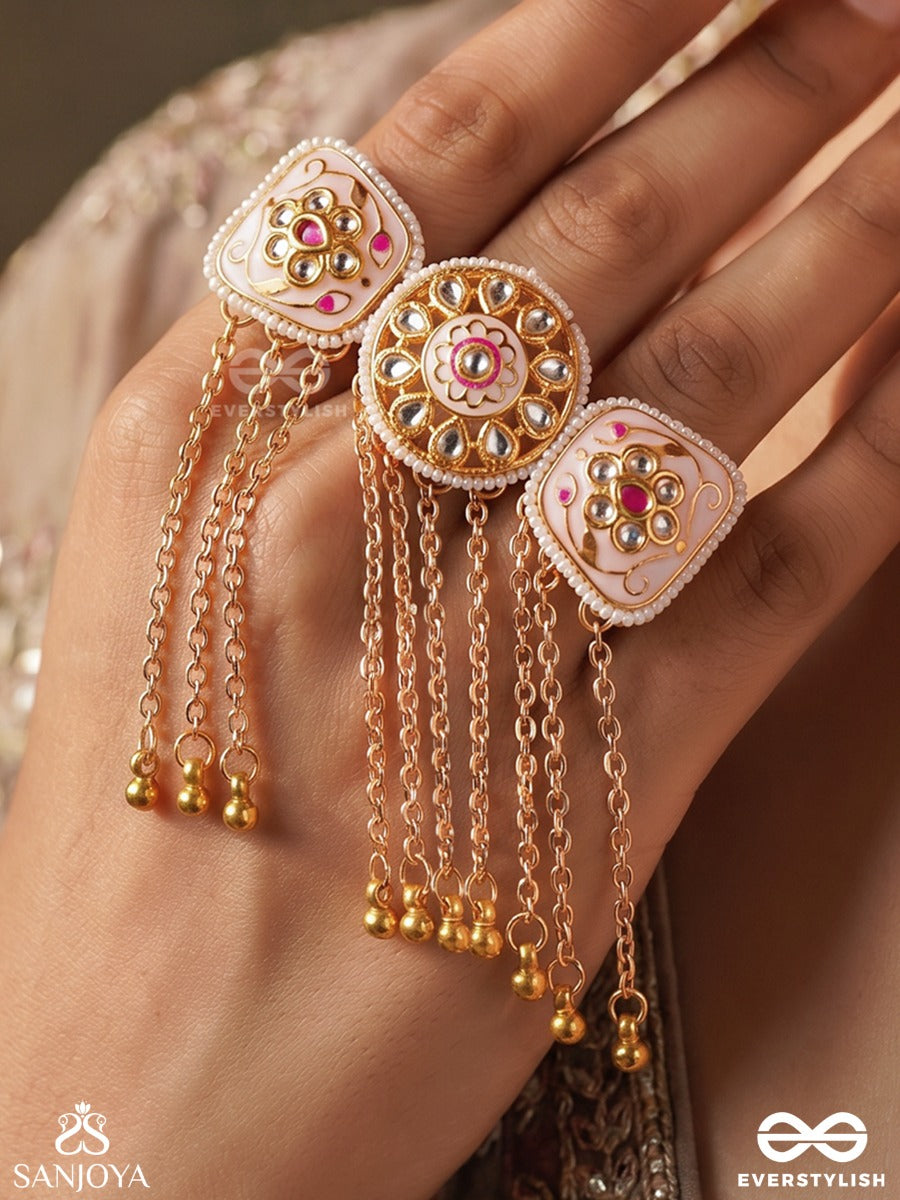 Phulmani – Jewelled Flower – Ornate Ring With Round Floral Center Detail, Decorative Side Panels And Dangling Gold Chain Accents