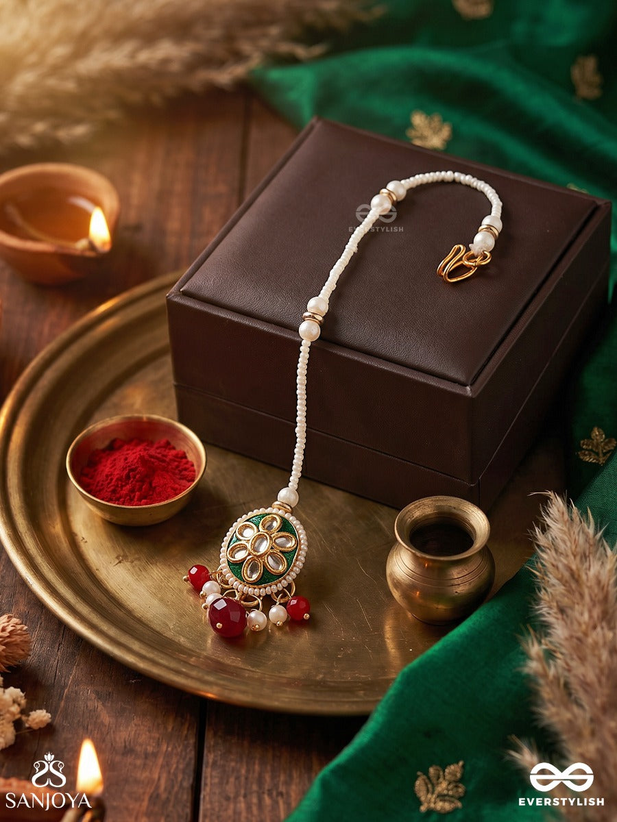 Tilahari – Verdant Forehead Adornment – Festive Maangtika With Round Floral Motif, Green Petal Design And Delicate Hanging Drop Details