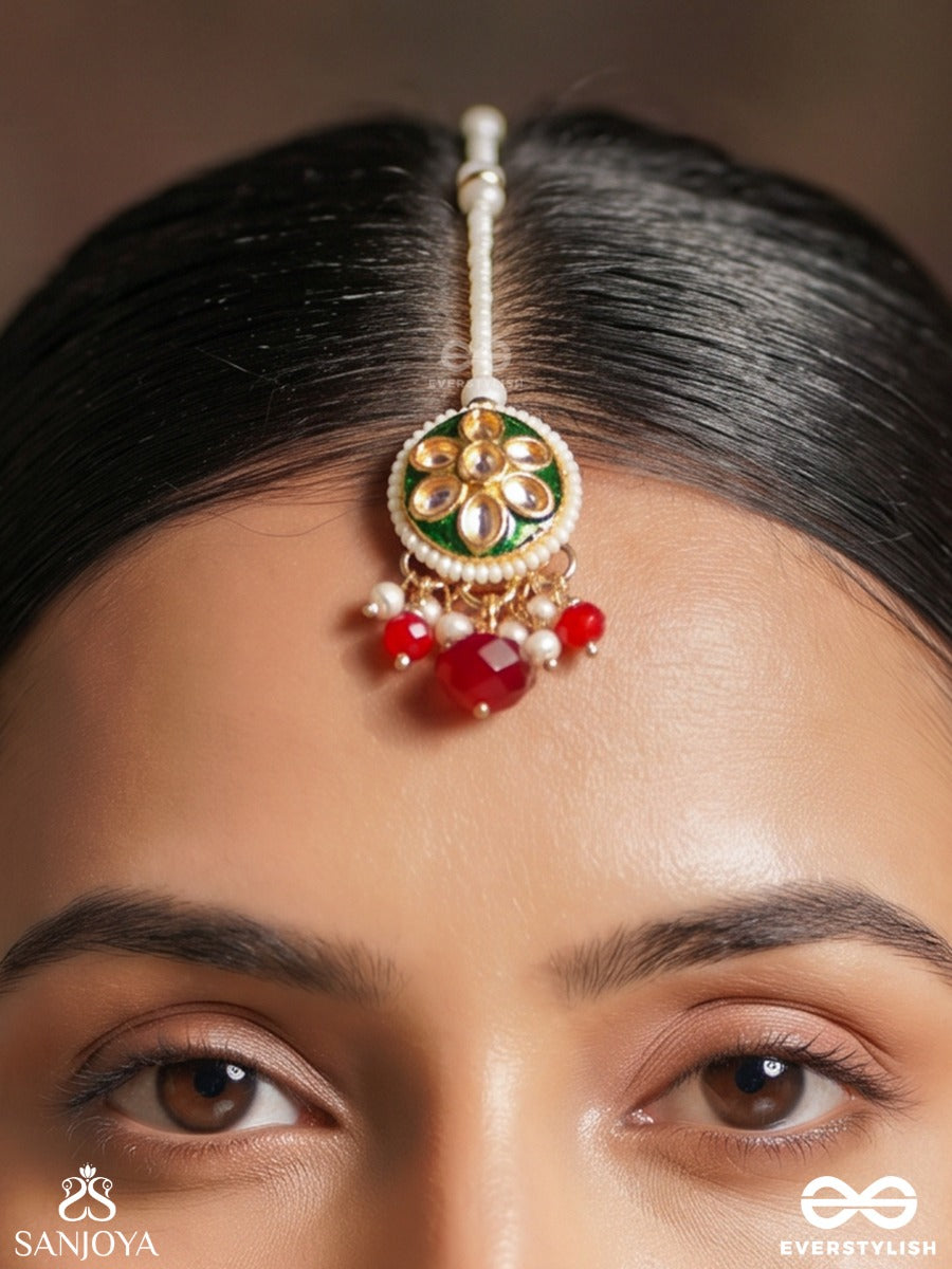Tilahari – Verdant Forehead Adornment – Festive Maangtika With Round Floral Motif, Green Petal Design And Delicate Hanging Drop Details