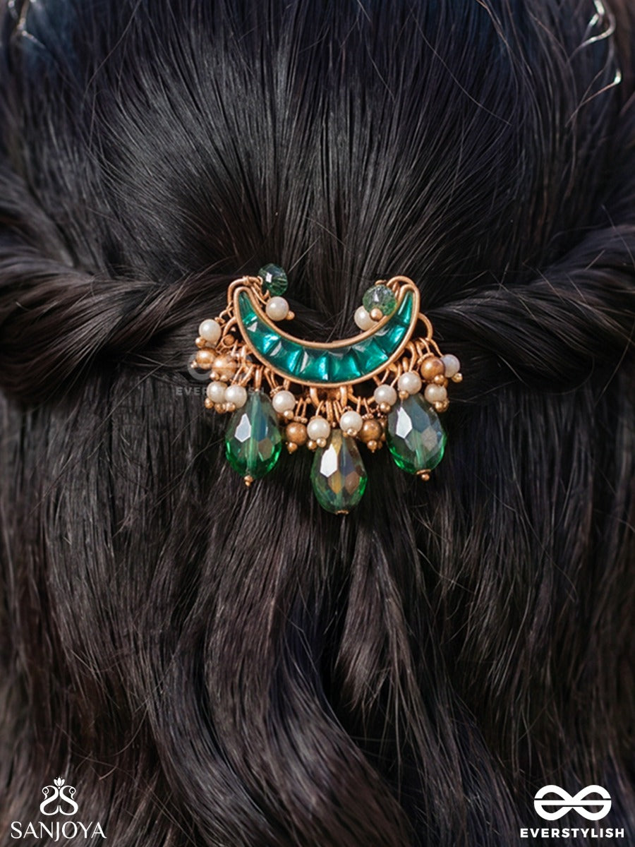 Morchandri – Peacock Moon – Ornate Hair Pin With Green Crescent Detail, Pearl Fringe And Jewel-Toned Drop Hangings
