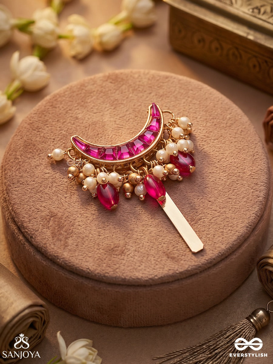 Rangindu – Coloured Moon – Ornate Hair Pin With Bright Pink Crescent Stones, Pearl Accents And Delicate Drop Details
