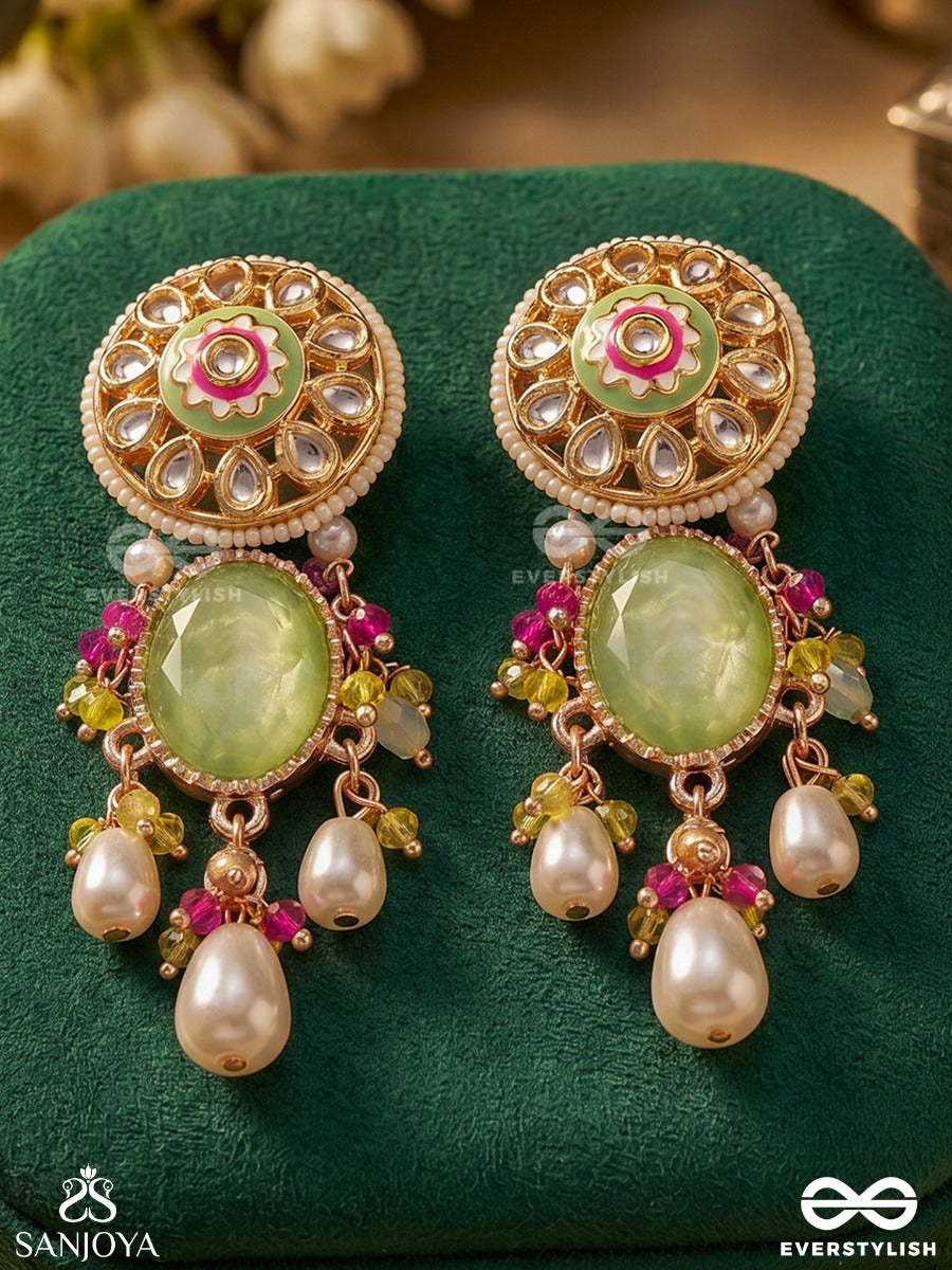 Amralekha – Trace Of Amber – Elegant Earrings With Green Oval Center, Ornamental Round Top And Soft Pearl Hangings