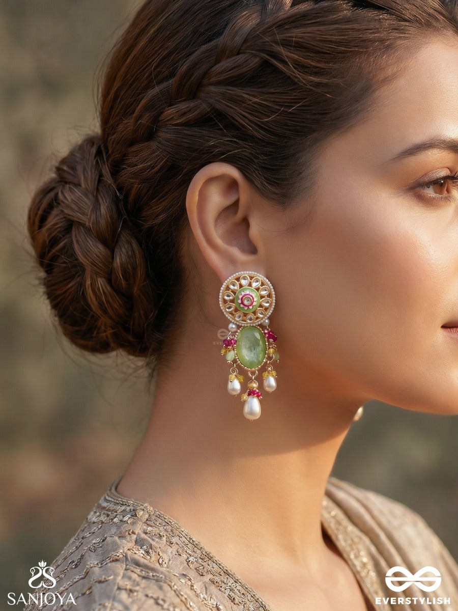 Amralekha – Trace Of Amber – Elegant Earrings With Green Oval Center, Ornamental Round Top And Soft Pearl Hangings