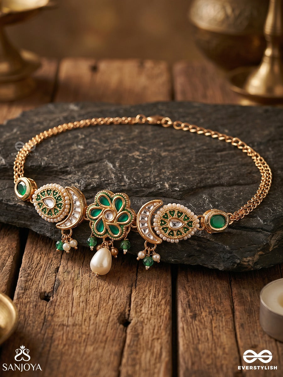 Hariphool – Green Bloom – Delicate Choker With Green Stone Links, Floral Center Detail, Pearl Accents And Gold-Tone Chain Finish