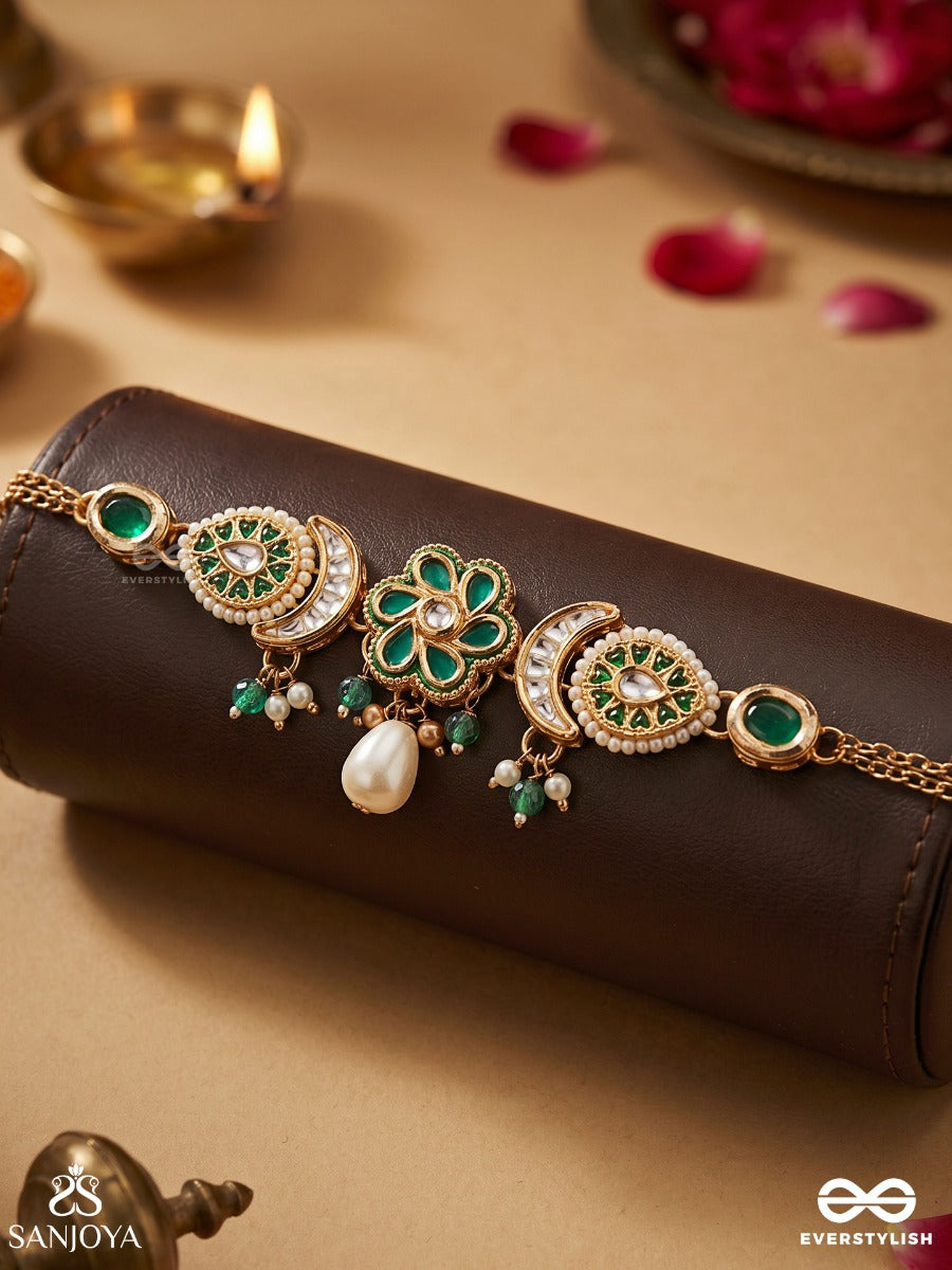 Hariphool – Green Bloom – Delicate Choker With Green Stone Links, Floral Center Detail, Pearl Accents And Gold-Tone Chain Finish