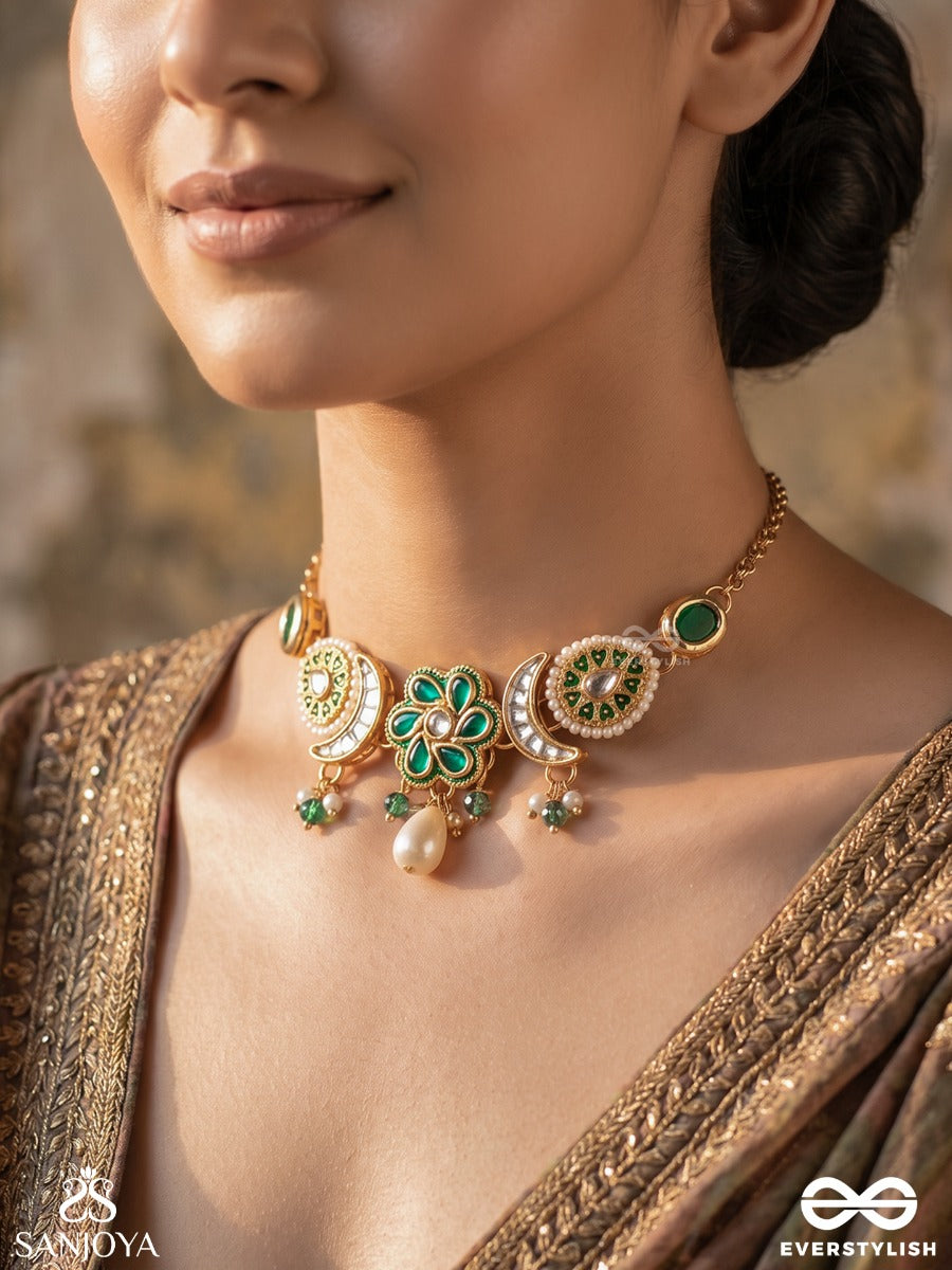 Hariphool – Green Bloom – Delicate Choker With Green Stone Links, Floral Center Detail, Pearl Accents And Gold-Tone Chain Finish