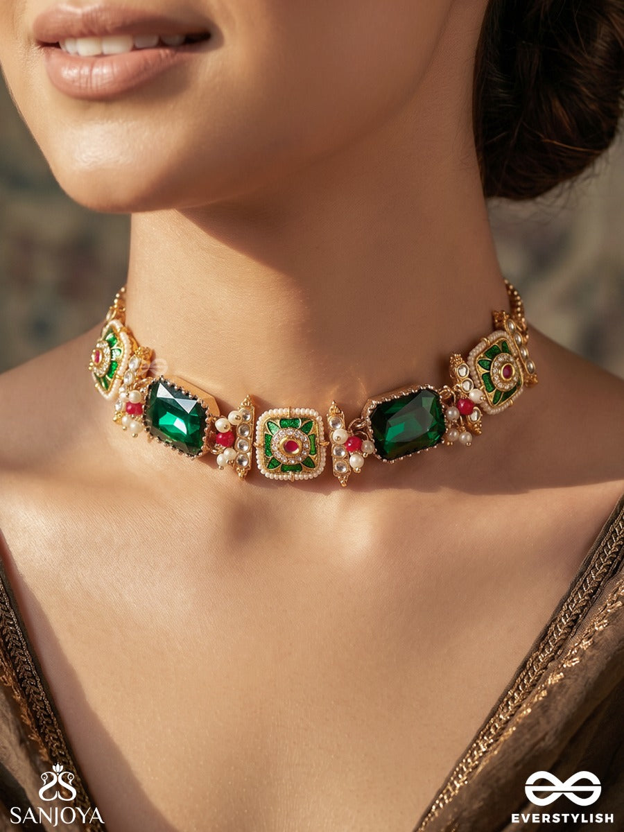 Mehrazia – Radiant Bloom – Traditional Choker With Emerald-Coloured Stones, Handpainted Floral Motifs And Refined Chain Strands