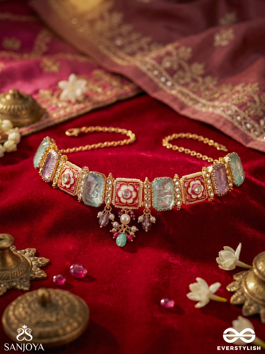 Varnisha – Coloured Elegance – Ornate Necklace With Pastel Rectangular Stone Links, Floral Square Motifs And Delicate Multi-Colour Bead Accents