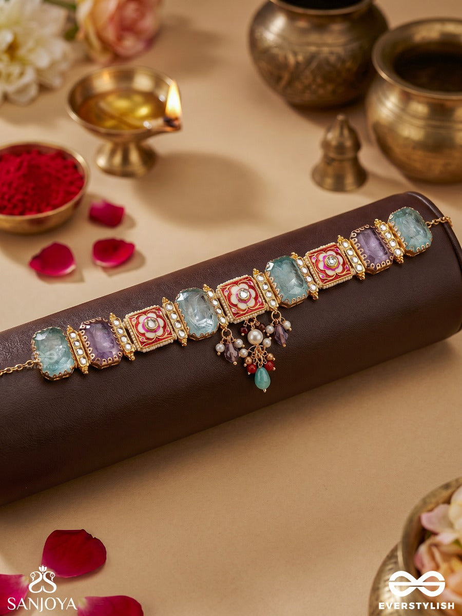 Varnisha – Coloured Elegance – Ornate Necklace With Pastel Rectangular Stone Links, Floral Square Motifs And Delicate Multi-Colour Bead Accents