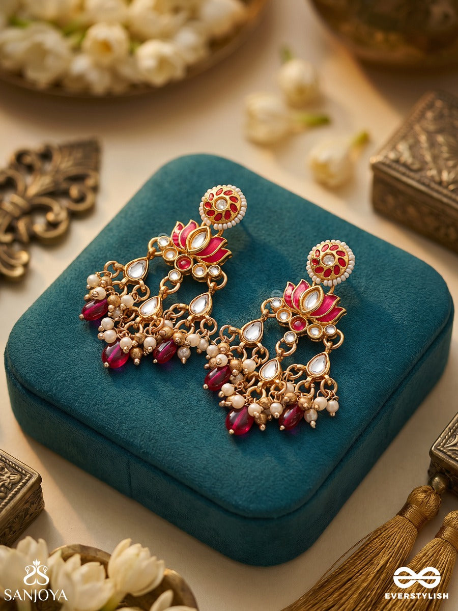 Kusumaira – Blossoming Charm – Festive Earrings With Floral Top Motif, Pink Center Detail, Pearl Cluster Hangings And Dainty Red Bead Danglers