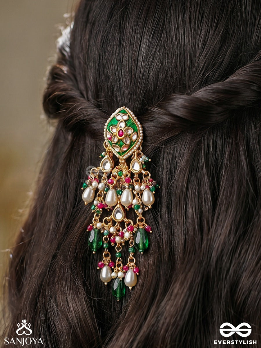 Meenalika – Gem-Like Beauty – Festive Hair Accessory With Green Outlined Motif, Floral Center Detail And Layered Beaded Hangings
