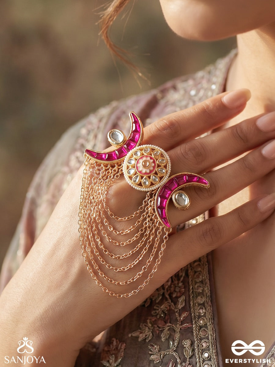 Yaminichand – Night Moon – Ornate Ring With Twin Crescent Motifs, Pink Stonework, Central Floral Detail And Layered Chain Drape