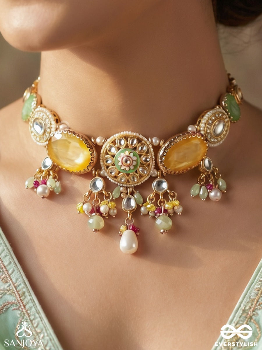 Amralekha – Trace Of Amber – Festive Choker With Amber-Toned Oval Motifs, Green Stone Accents, Pearl Details And Dangling Clusters