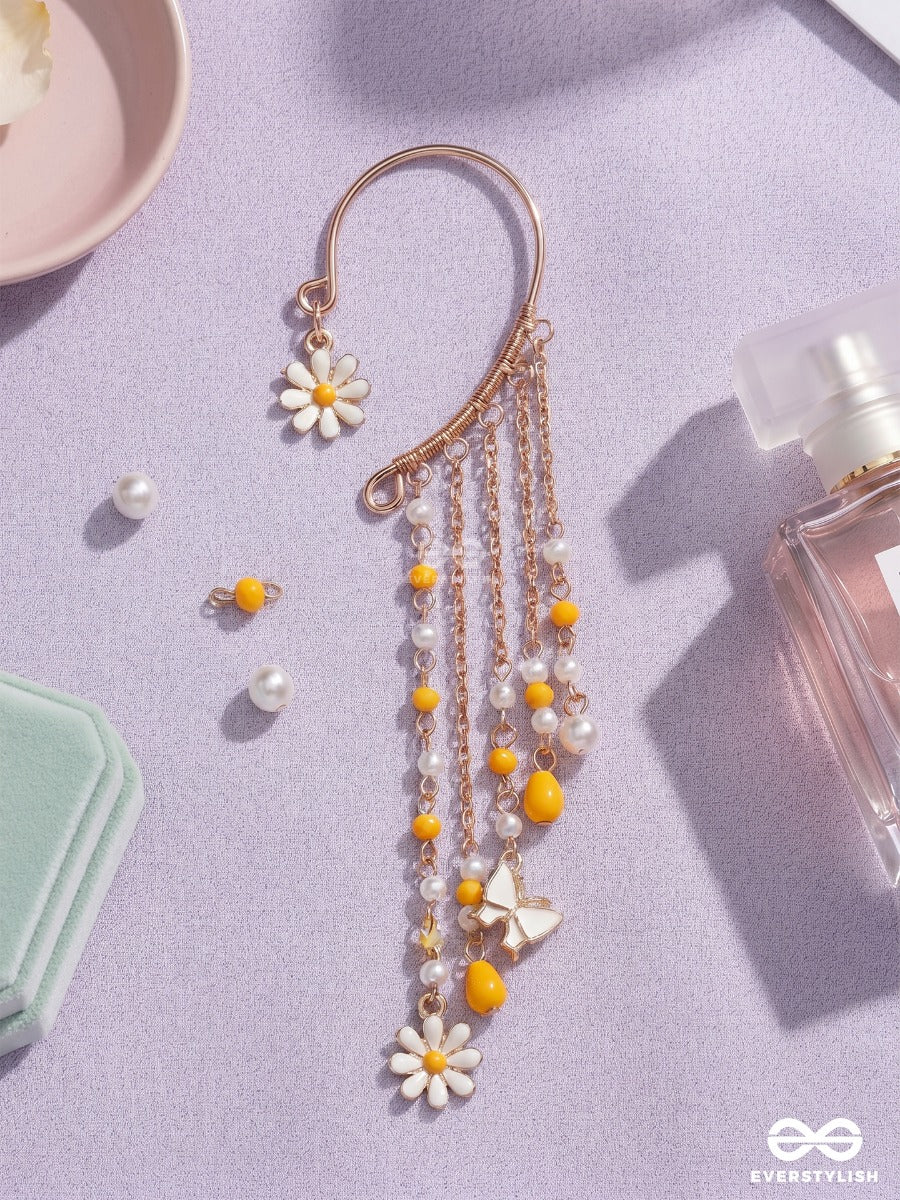 Buttercup Trail – Korean Style Dangling Daisy & Pearl Chain Earcuff