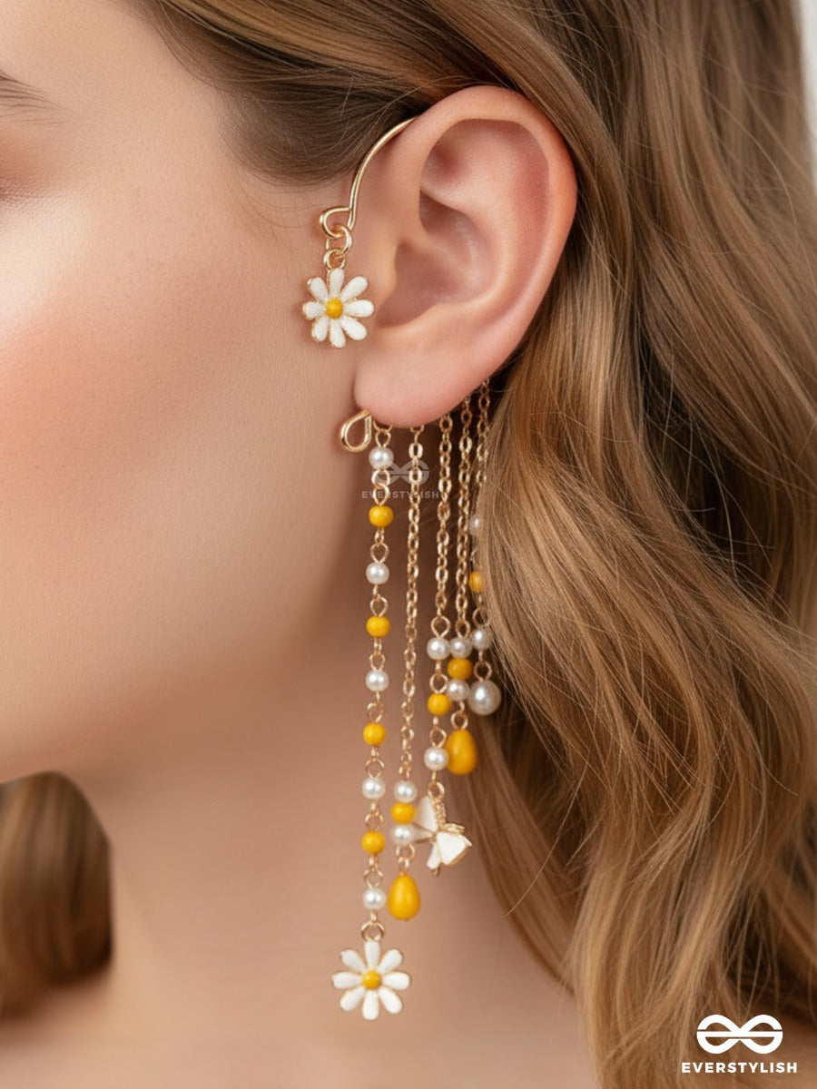 Buttercup Trail – Korean Style Dangling Daisy & Pearl Chain Earcuff