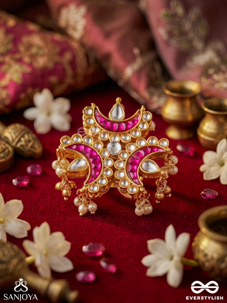 Chandkirti – Lunar Glory – Ornate Ring With Crescent Stonework, Pearl-Like Clusters And Decorative Gold-Tone Finish