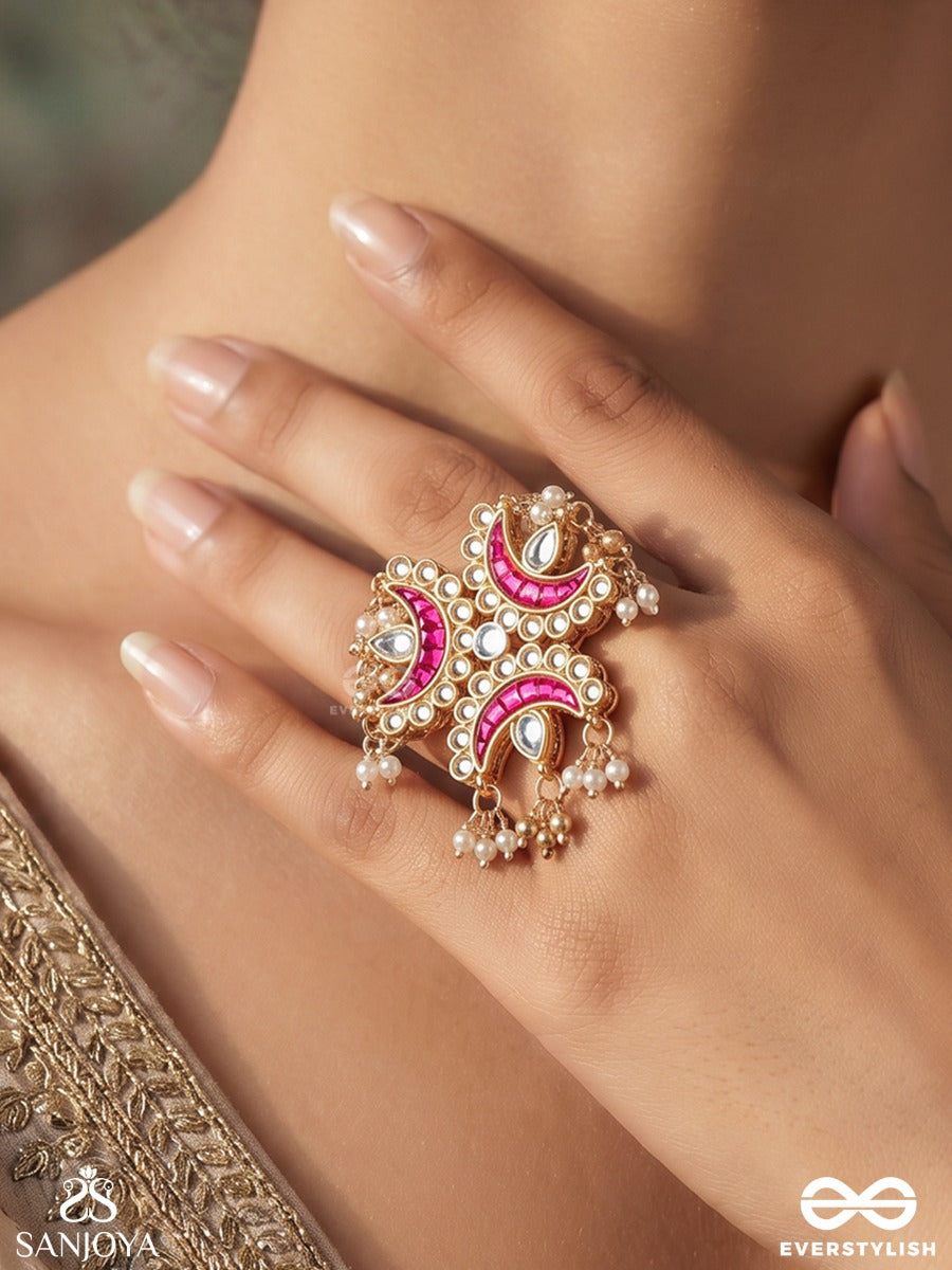 Chandkirti – Lunar Glory – Ornate Ring With Crescent Stonework, Pearl-Like Clusters And Decorative Gold-Tone Finish