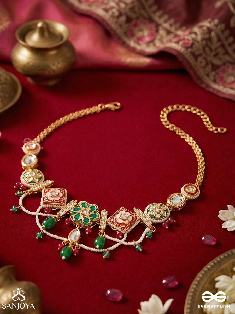 Navrangi – Nine-Hued Grace – Ornate Necklace With Colourful Floral Panels, Mirror-Like Motifs, Green Bead Drops And Delicate Gold-Tone Hangings