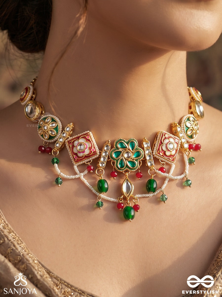 Navrangi – Nine-Hued Grace – Ornate Necklace With Colourful Floral Panels, Mirror-Like Motifs, Green Bead Drops And Delicate Gold-Tone Hangings