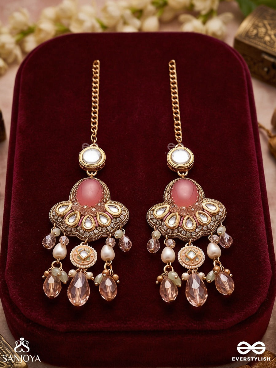 Gulaabika – Rose-Tinted Beauty – Ornate Kaan-Chain Earrings With Pink Center Stone, Circular Top Detail, Pearl Accents And Soft Blush Danglers