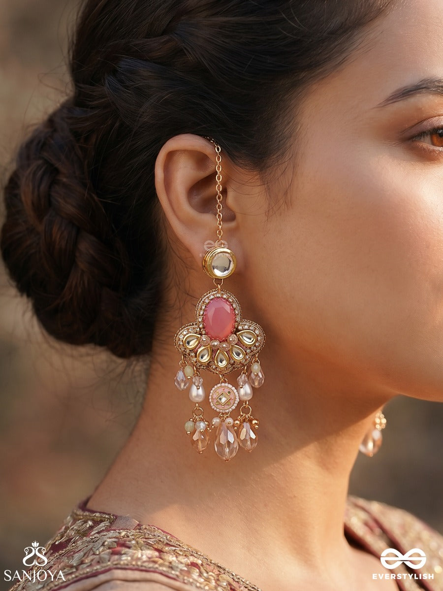 Gulaabika – Rose-Tinted Beauty – Ornate Kaan-Chain Earrings With Pink Center Stone, Circular Top Detail, Pearl Accents And Soft Blush Danglers