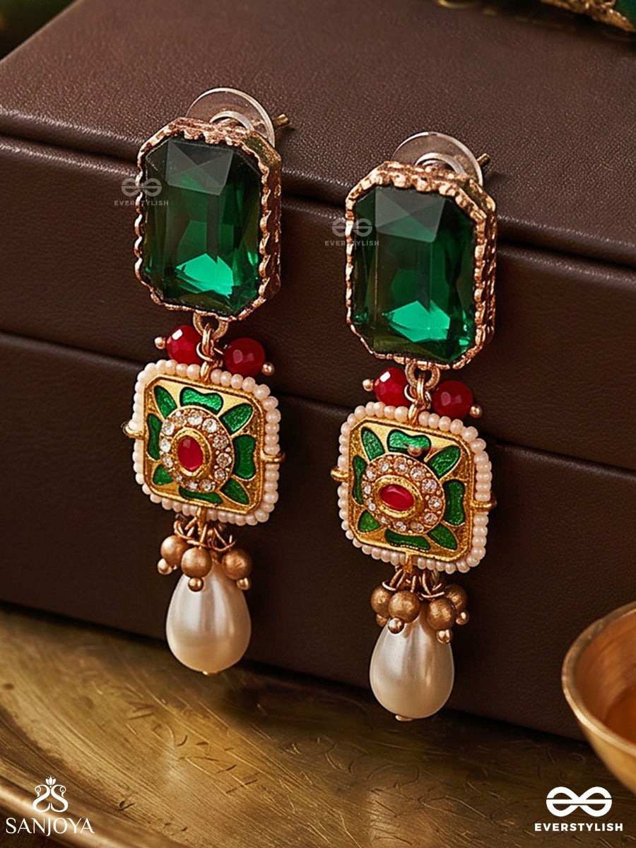 Mehrazia – Radiant Bloom – Ornate Earrings With Green Stone Tops, Floral Center Detail And Elegant Pearl Hangings
