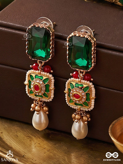 Mehrazia – Radiant Bloom – Ornate Earrings With Green Stone Tops, Floral Center Detail And Elegant Pearl Hangings