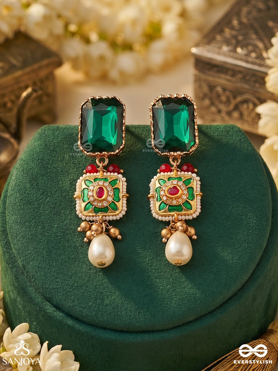 Mehrazia – Radiant Bloom – Ornate Earrings With Green Stone Tops, Floral Center Detail And Elegant Pearl Hangings