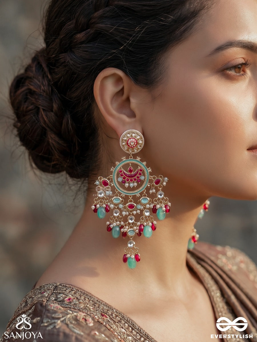 Rangnoori – Lustre Of Colours – Ornate Earrings With Decorative Round Motifs, Pearl Clusters, Aqua Drop Accents And Festive Multi-Colour Danglers