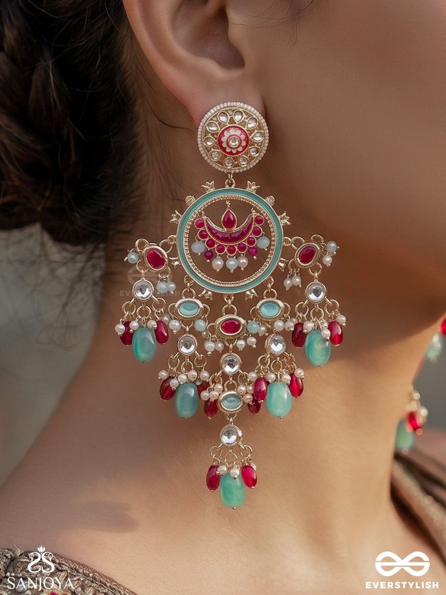 Rangnoori – Lustre Of Colours – Ornate Earrings With Decorative Round Motifs, Pearl Clusters, Aqua Drop Accents And Festive Multi-Colour Danglers