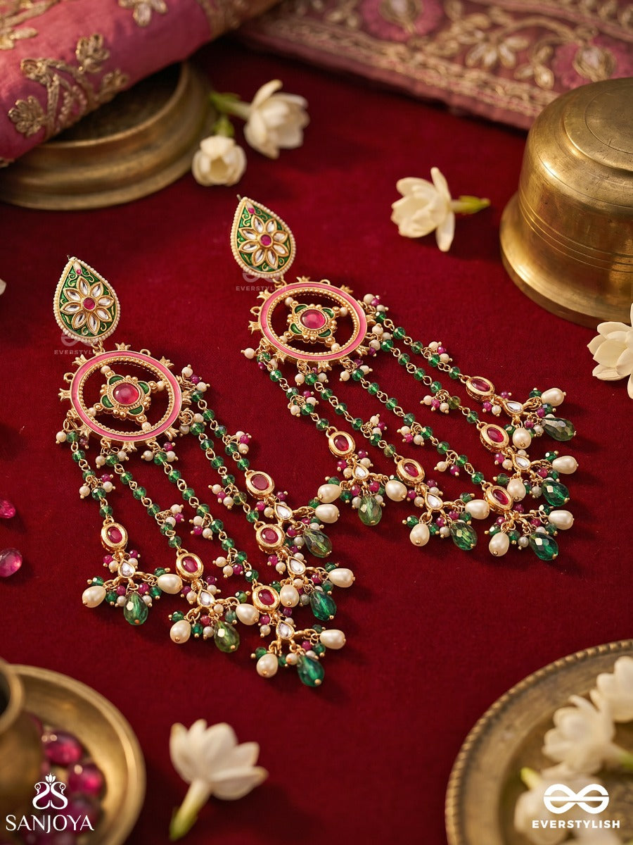 Raganjali – Offering Of Melody – Festive Earrings With Ornamental Top Motifs, Pearl Clusters And Vibrant Multi-Colour Danglers