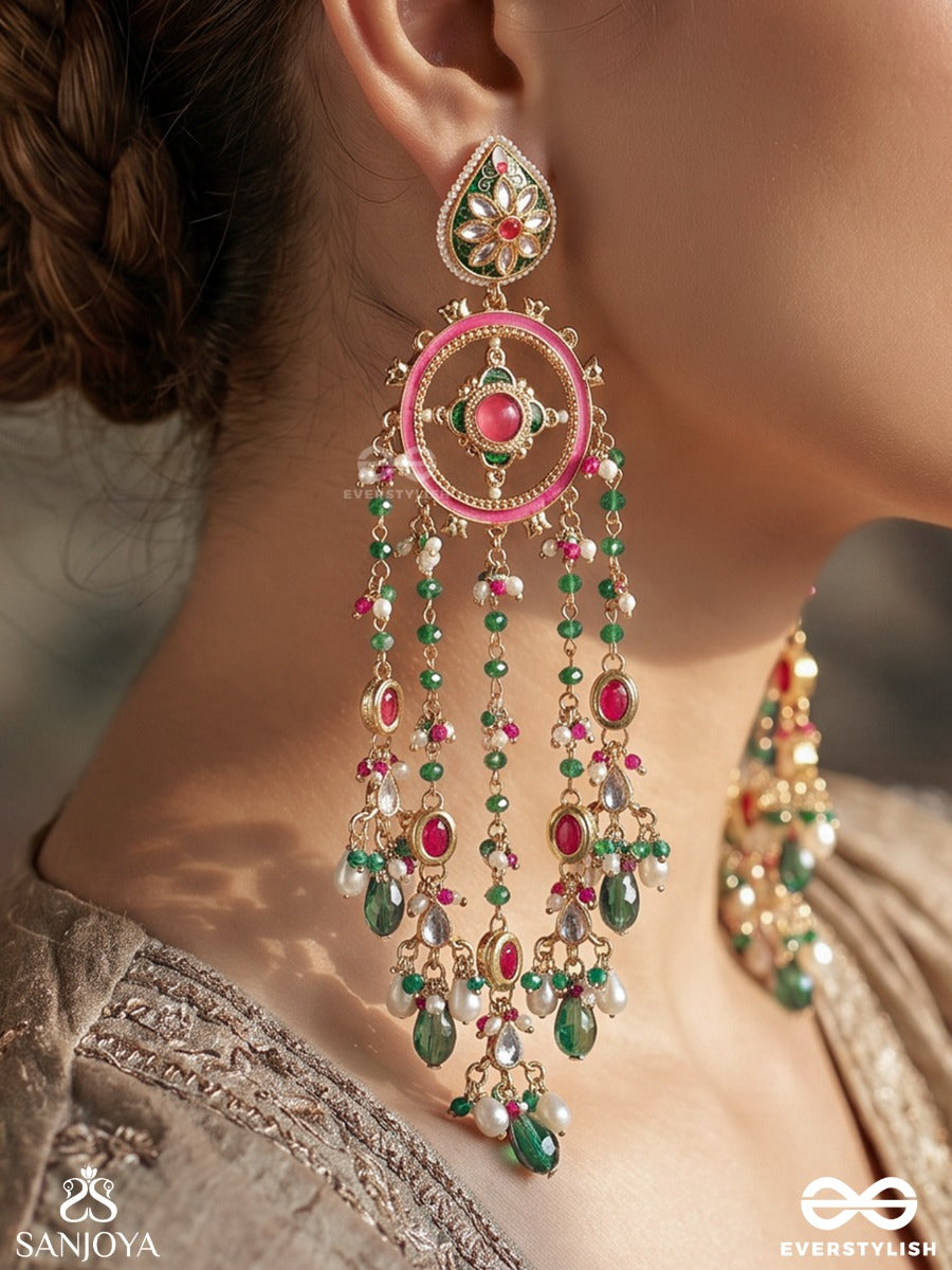 Raganjali – Offering Of Melody – Festive Earrings With Ornamental Top Motifs, Pearl Clusters And Vibrant Multi-Colour Danglers