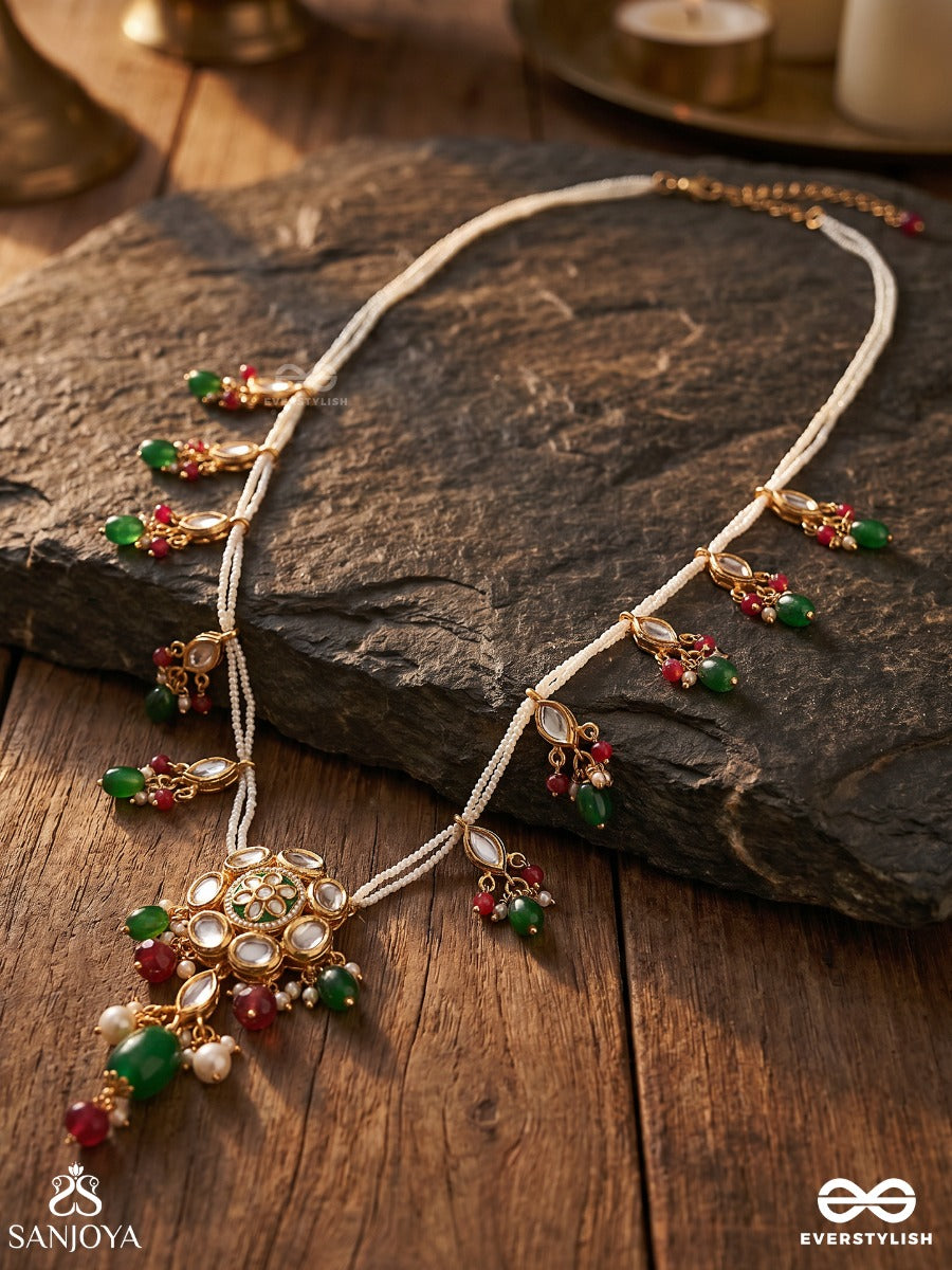Rangmeera – Coloured Grace – Festive Long Necklace With Dainty Side Motifs, Gold-Tone Detailing And Delicate Multi-Colour Danglers