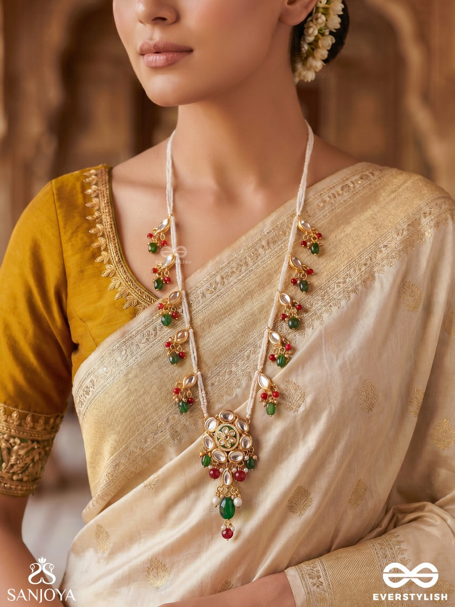 Rangmeera – Coloured Grace – Festive Long Necklace With Dainty Side Motifs, Gold-Tone Detailing And Delicate Multi-Colour Danglers
