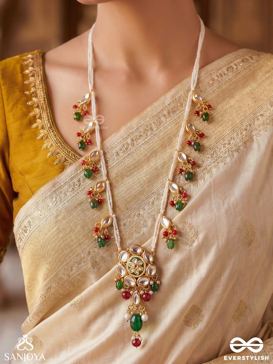 Rangmeera – Coloured Grace – Festive Long Necklace With Dainty Side Motifs, Gold-Tone Detailing And Delicate Multi-Colour Danglers