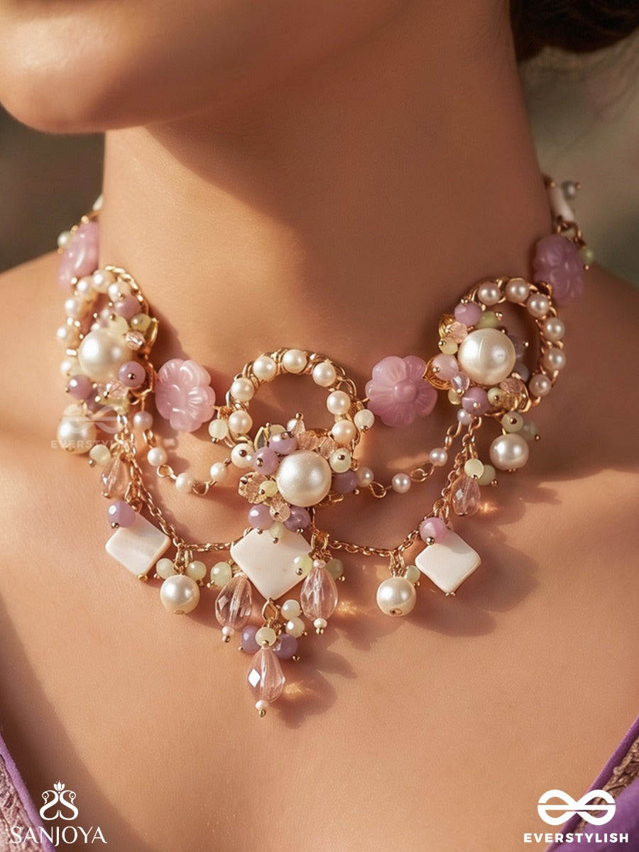 Mriduvani – Soft Melody – Elegant Necklace With Blush Pink Bead Links, Pearl Accents, Gold-Tone Curves And Delicate Dangling Details